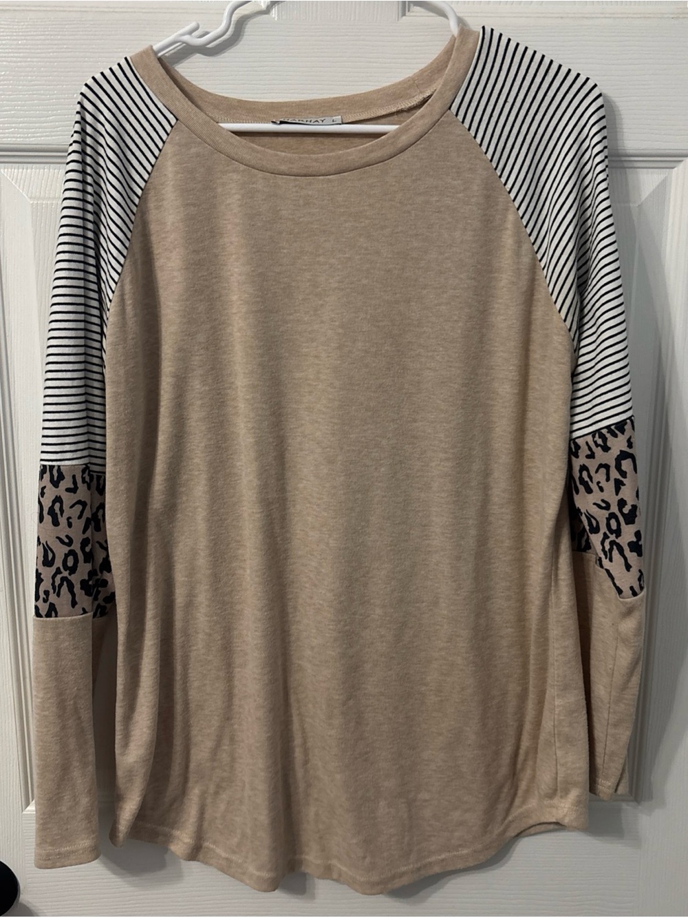 Taupe Long-Sleeve Raglan Top with Striped and Leopard Accents